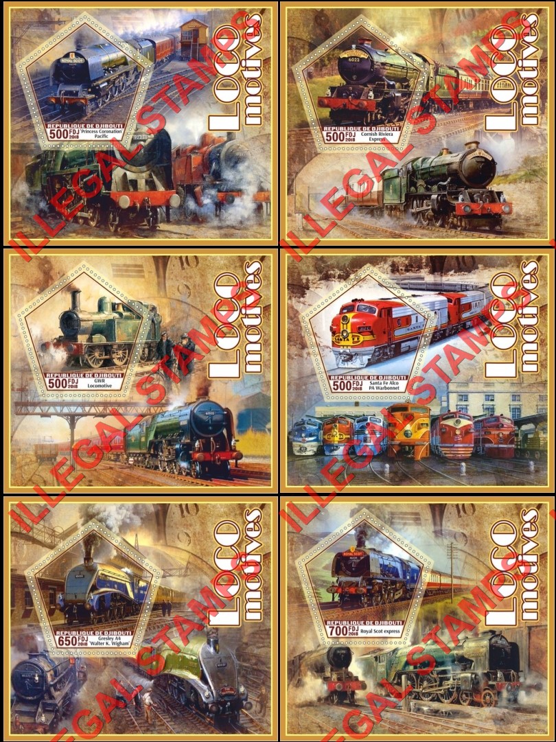 Djibouti 2018 Locomotives (different) Illegal Stamp Souvenir Sheets of 1 Djibouti 2018 Locomotives (different) Illegal Stamp Souvenir Sheets of 1