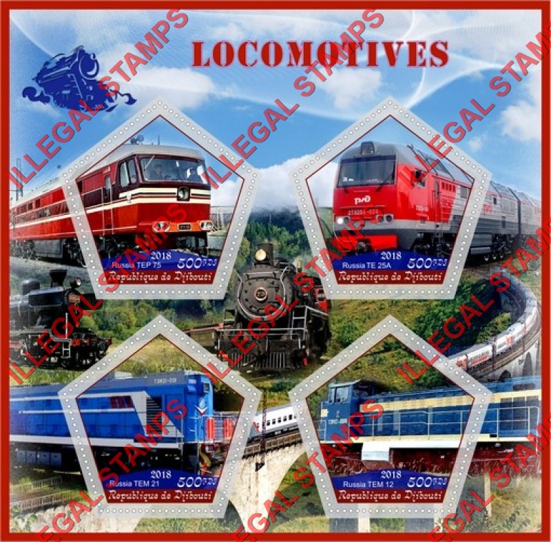 Djibouti 2018 Locomotives Illegal Stamp Souvenir Sheet of 4 Djibouti 2018 Locomotives Illegal Stamp Souvenir Sheet of 4