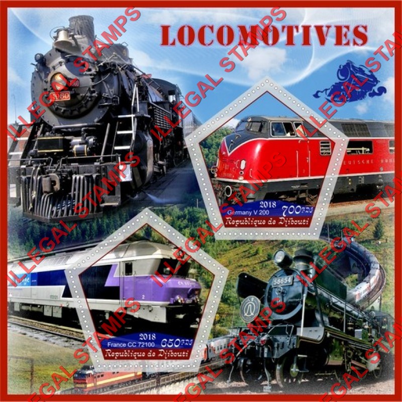 Djibouti 2018 Locomotives Illegal Stamp Souvenir Sheet of 2 Djibouti 2018 Locomotives Illegal Stamp Souvenir Sheet of 2