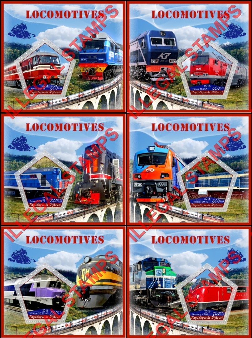 Djibouti 2018 Locomotives Illegal Stamp Souvenir Sheets of 1 Djibouti 2018 Locomotives Illegal Stamp Souvenir Sheets of 1