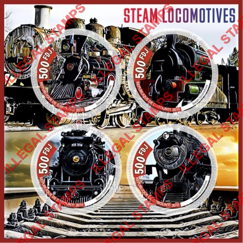 Djibouti 2018 Steam Locomotives Illegal Stamp Souvenir Sheet of 4 Djibouti 2018 Steam Locomotives Illegal Stamp Souvenir Sheet of 4