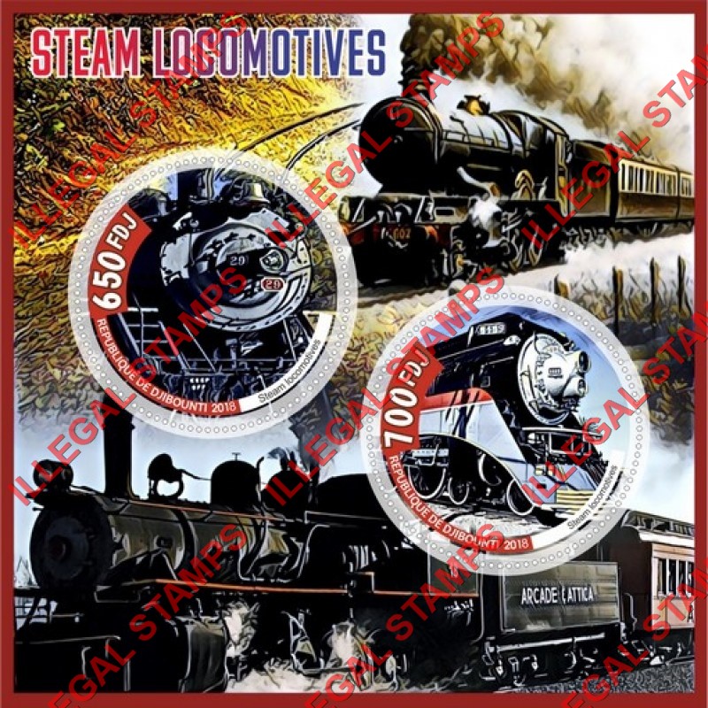 Djibouti 2018 Steam Locomotives Illegal Stamp Souvenir Sheet of 2 Djibouti 2018 Steam Locomotives Illegal Stamp Souvenir Sheet of 2