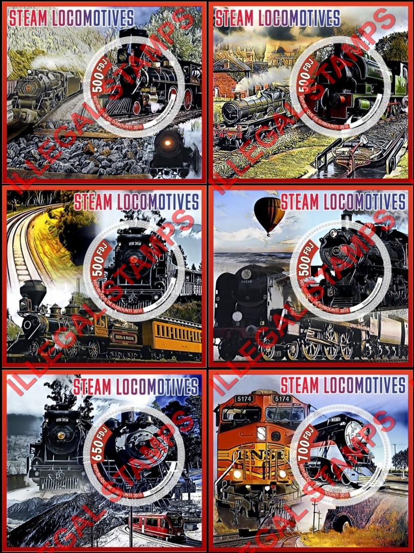 Djibouti 2018 Steam Locomotives Illegal Stamp Souvenir Sheets of 1 Djibouti 2018 Steam Locomotives Illegal Stamp Souvenir Sheets of 1