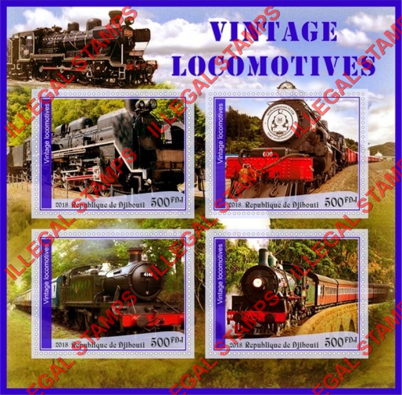 Djibouti 2018 Vintage Locomotives (different) Illegal Stamp Souvenir Sheet of 4 Djibouti 2018 Vintage Locomotives (different) Illegal Stamp Souvenir Sheet of 4