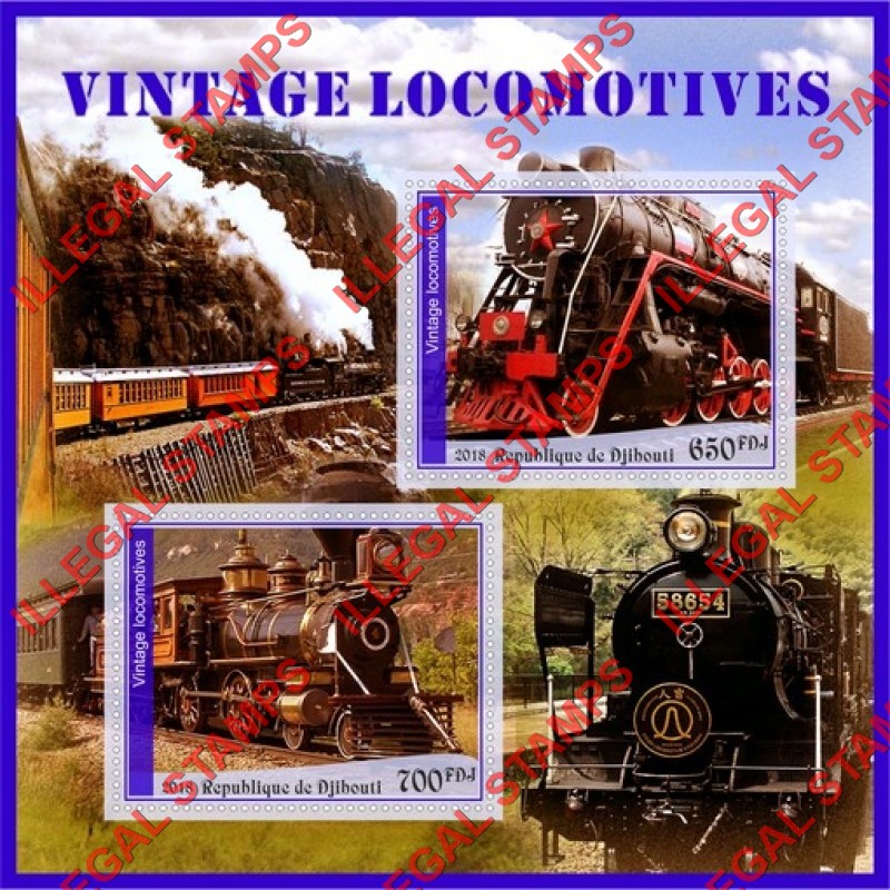 Djibouti 2018 Vintage Locomotives (different) Illegal Stamp Souvenir Sheet of 2 Djibouti 2018 Vintage Locomotives (different) Illegal Stamp Souvenir Sheet of 2