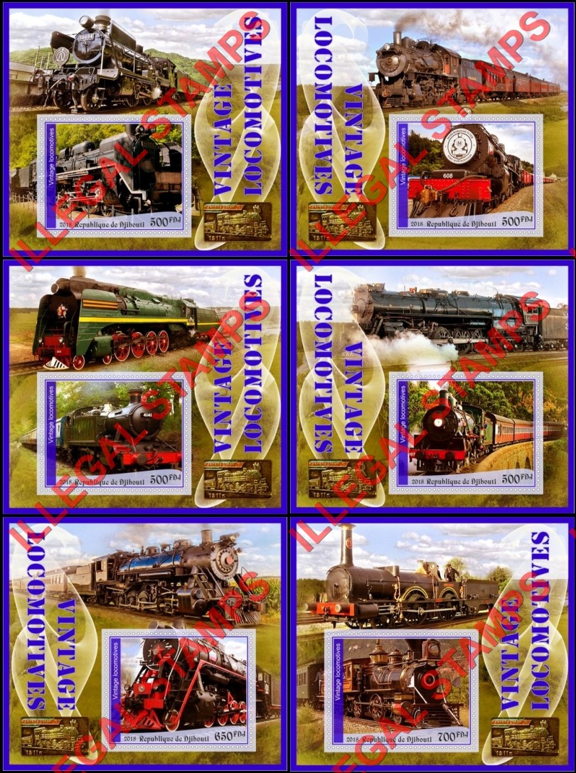 Djibouti 2018 Vintage Locomotives (different) Illegal Stamp Souvenir Sheets of 1 Djibouti 2018 Vintage Locomotives (different) Illegal Stamp Souvenir Sheets of 1