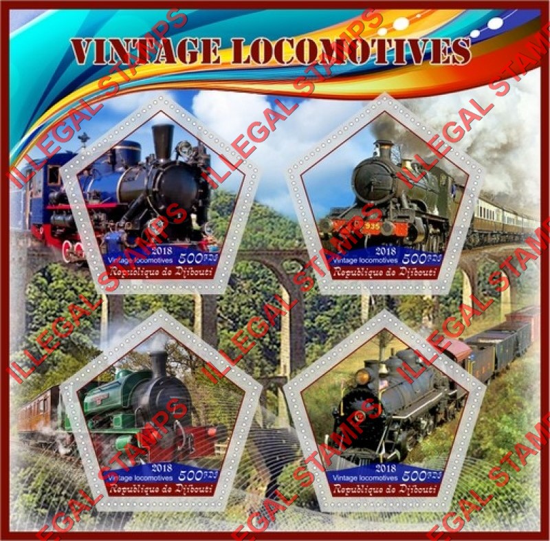 Djibouti 2018 Vintage Locomotives Illegal Stamp Souvenir Sheet of 4 Djibouti 2018 Vintage Locomotives Illegal Stamp Souvenir Sheet of 4