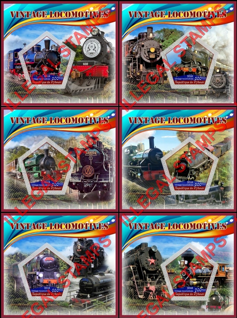 Djibouti 2018 Vintage Locomotives Illegal Stamp Souvenir Sheets of 1 Djibouti 2018 Vintage Locomotives Illegal Stamp Souvenir Sheets of 1