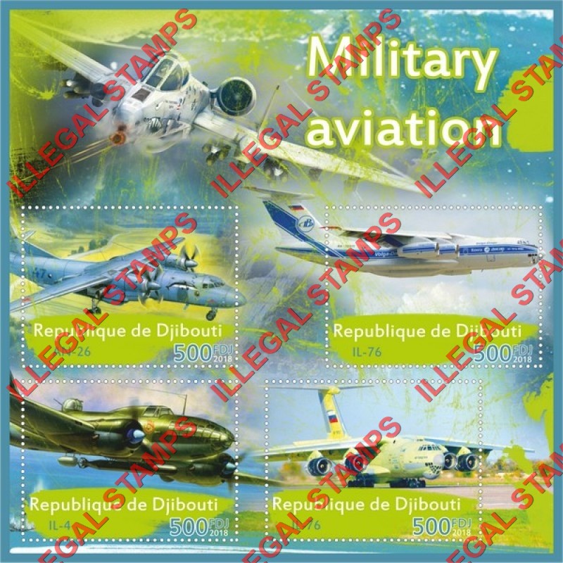 Djibouti 2018 Military Aviation Illegal Stamp Souvenir Sheet of 4 Djibouti 2018 Military Aviation Illegal Stamp Souvenir Sheet of 4