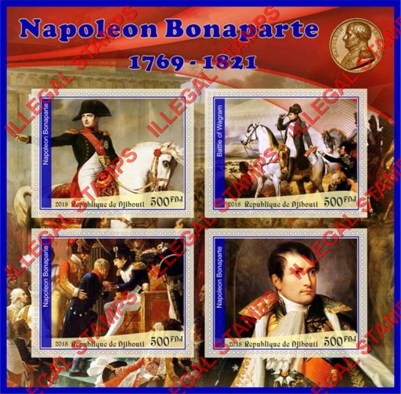 Djibouti 2018 Napoleon Bonaparte (different a) Illegal Stamp Souvenir Sheet of 4 Djibouti 2018 Napoleon Bonaparte (different a) Illegal Stamp Souvenir Sheet of 4