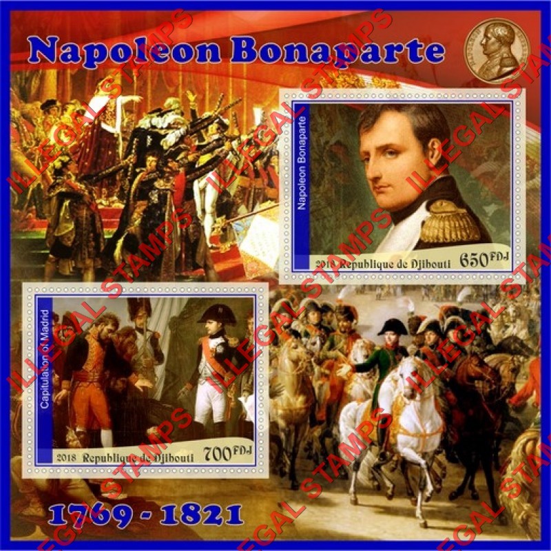 Djibouti 2018 Napoleon Bonaparte (different a) Illegal Stamp Souvenir Sheet of 2 Djibouti 2018 Napoleon Bonaparte (different a) Illegal Stamp Souvenir Sheet of 2