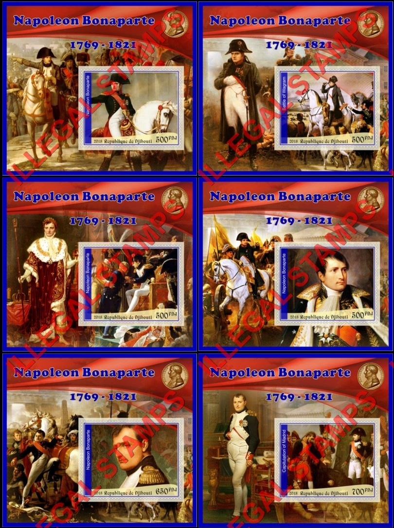 Djibouti 2018 Napoleon Bonaparte (different a) Illegal Stamp Souvenir Sheets of 1 Djibouti 2018 Napoleon Bonaparte (different a) Illegal Stamp Souvenir Sheets of 1