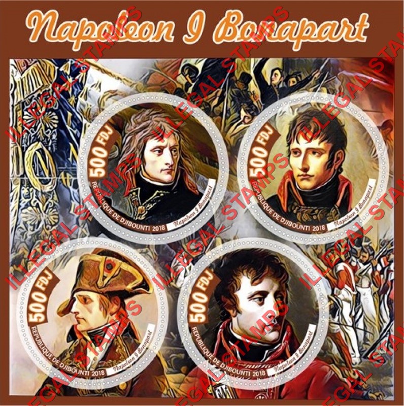 Djibouti 2018 Napoleon Bonaparte (different) Illegal Stamp Souvenir Sheet of 4 Djibouti 2018 Napoleon Bonaparte (different) Illegal Stamp Souvenir Sheet of 4