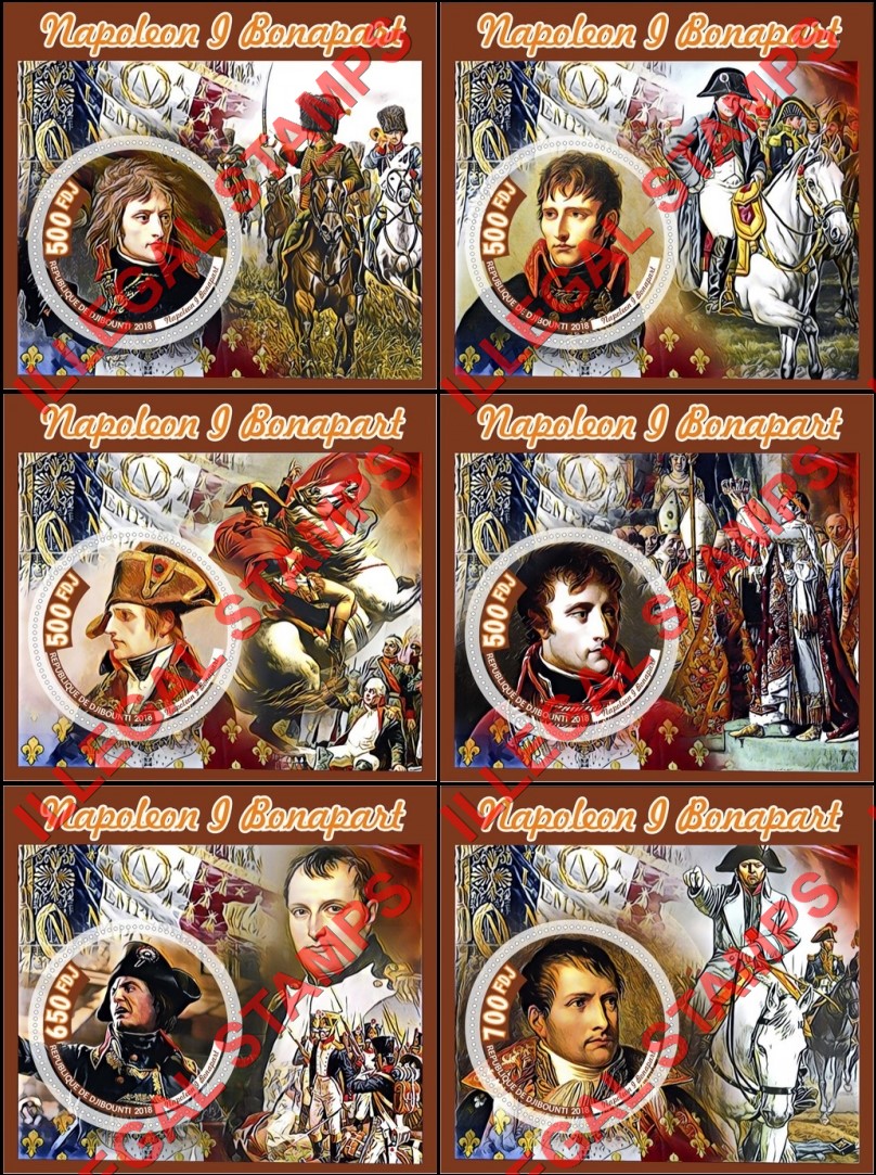 Djibouti 2018 Napoleon Bonaparte (different) Illegal Stamp Souvenir Sheets of 1 Djibouti 2018 Napoleon Bonaparte (different) Illegal Stamp Souvenir Sheets of 1