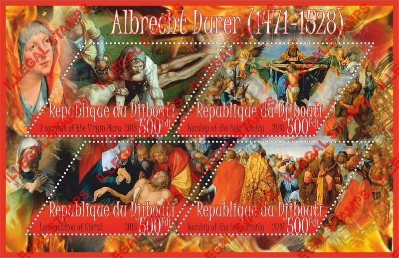Djibouti 2018 Paintings by Albrecht Durer (different) Illegal Stamp Souvenir Sheet of 4 Djibouti 2018 Paintings by Albrecht Durer (different) Illegal Stamp Souvenir Sheet of 4