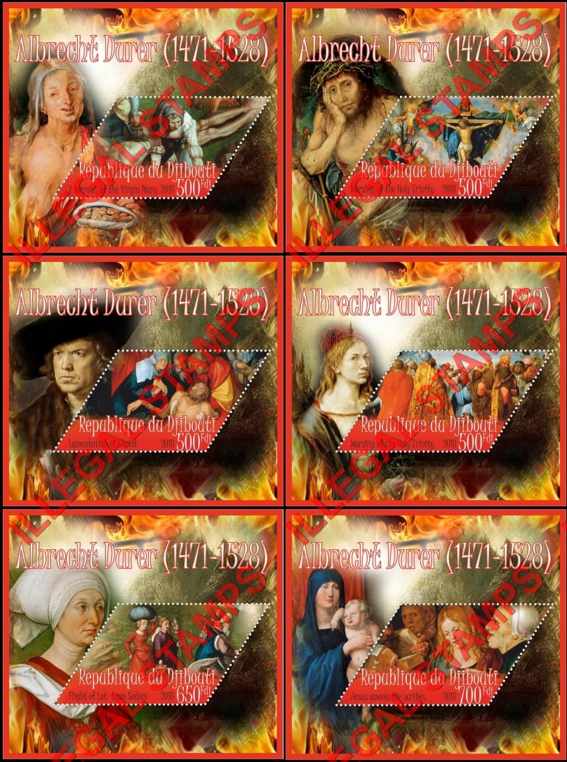 Djibouti 2018 Paintings by Albrecht Durer (different) Illegal Stamp Souvenir Sheets of 1 Djibouti 2018 Paintings by Albrecht Durer (different) Illegal Stamp Souvenir Sheets of 1