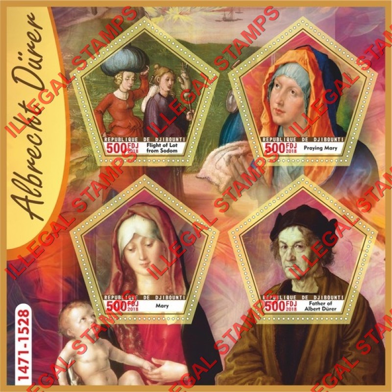 Djibouti 2018 Paintings by Albrecht Durer Illegal Stamp Souvenir Sheet of 4 Djibouti 2018 Paintings by Albrecht Durer Illegal Stamp Souvenir Sheet of 4