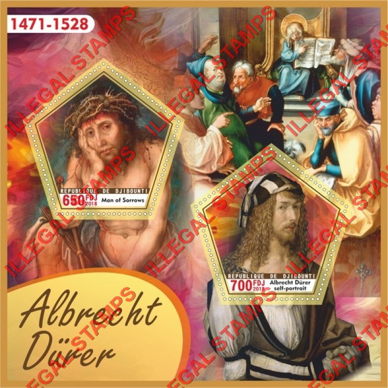 Djibouti 2018 Paintings by Albrecht Durer Illegal Stamp Souvenir Sheet of 2 Djibouti 2018 Paintings by Albrecht Durer Illegal Stamp Souvenir Sheet of 2