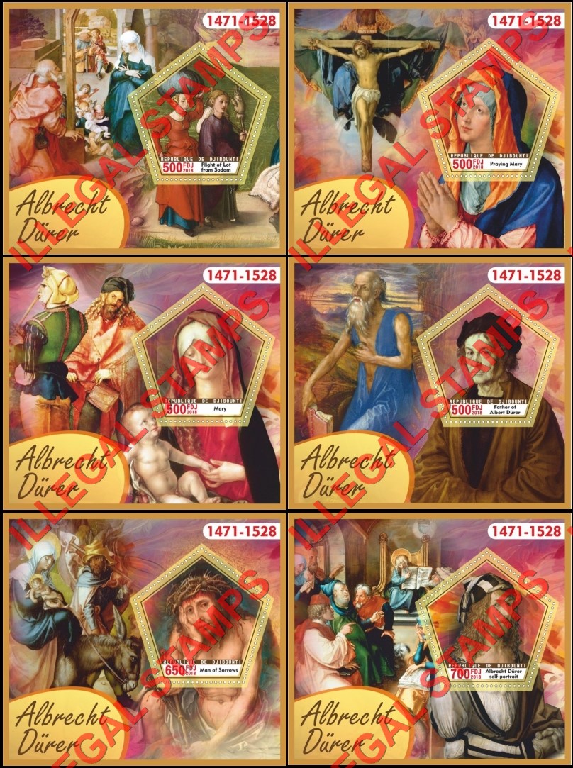 Djibouti 2018 Paintings by Albrecht Durer Illegal Stamp Souvenir Sheets of 1 Djibouti 2018 Paintings by Albrecht Durer Illegal Stamp Souvenir Sheets of 1