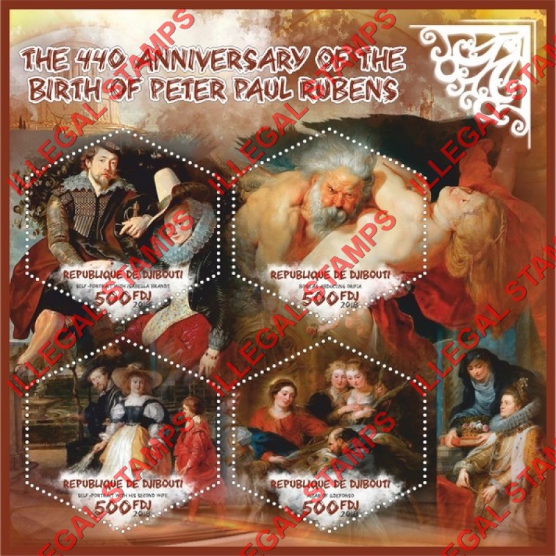 Djibouti 2018 Paintings by Peter Paul Rubens Illegal Stamp Souvenir Sheet of 4 Djibouti 2018 Paintings by Peter Paul Rubens Illegal Stamp Souvenir Sheet of 4