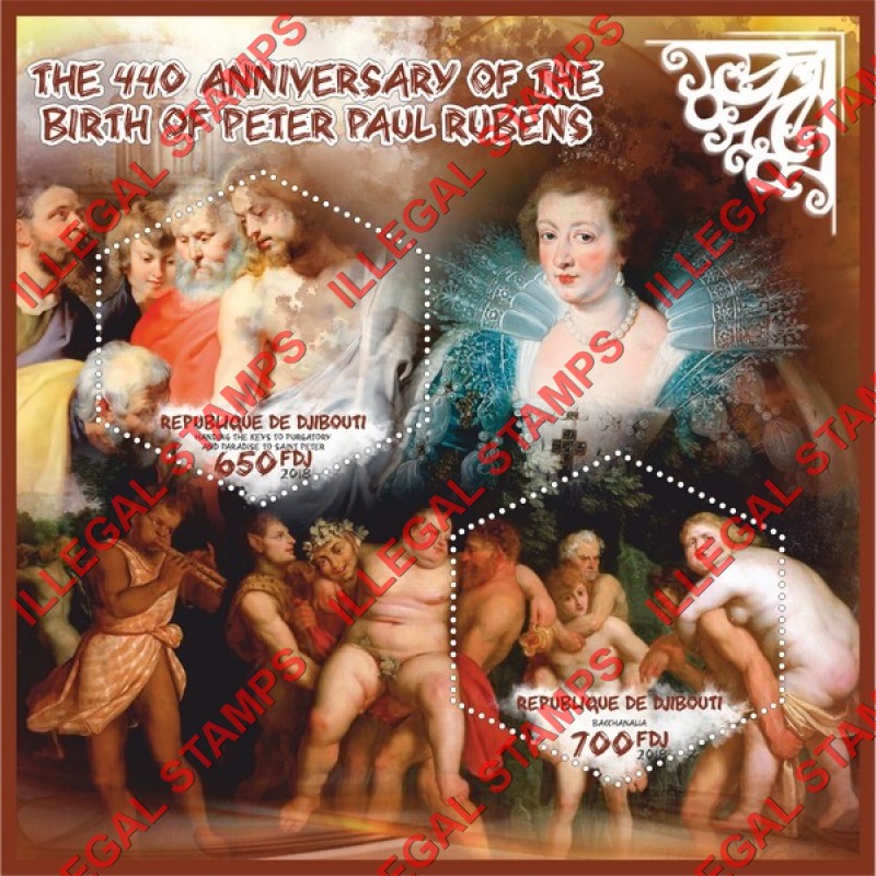 Djibouti 2018 Paintings by Peter Paul Rubens Illegal Stamp Souvenir Sheet of 2 Djibouti 2018 Paintings by Peter Paul Rubens Illegal Stamp Souvenir Sheet of 2