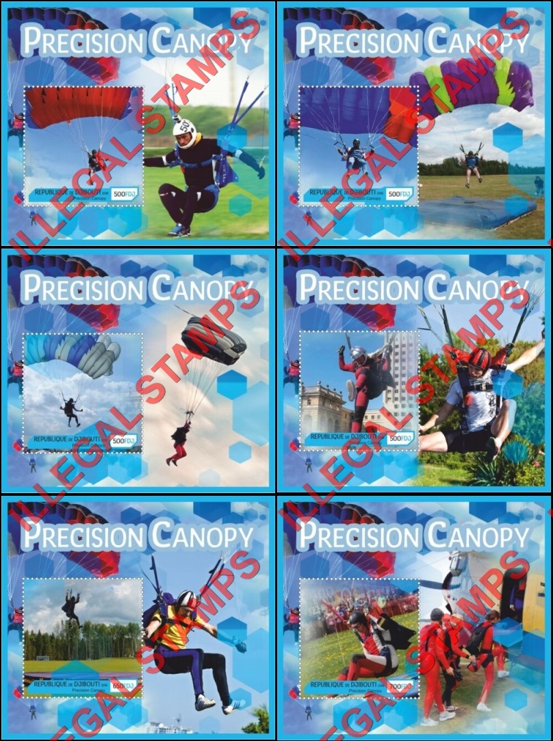 Djibouti 2018 Parachutes Precision Canopy Illegal Stamp Souvenir Sheets of 1 Djibouti 2018 Parachutes Precision Canopy Illegal Stamp Souvenir Sheets of 1