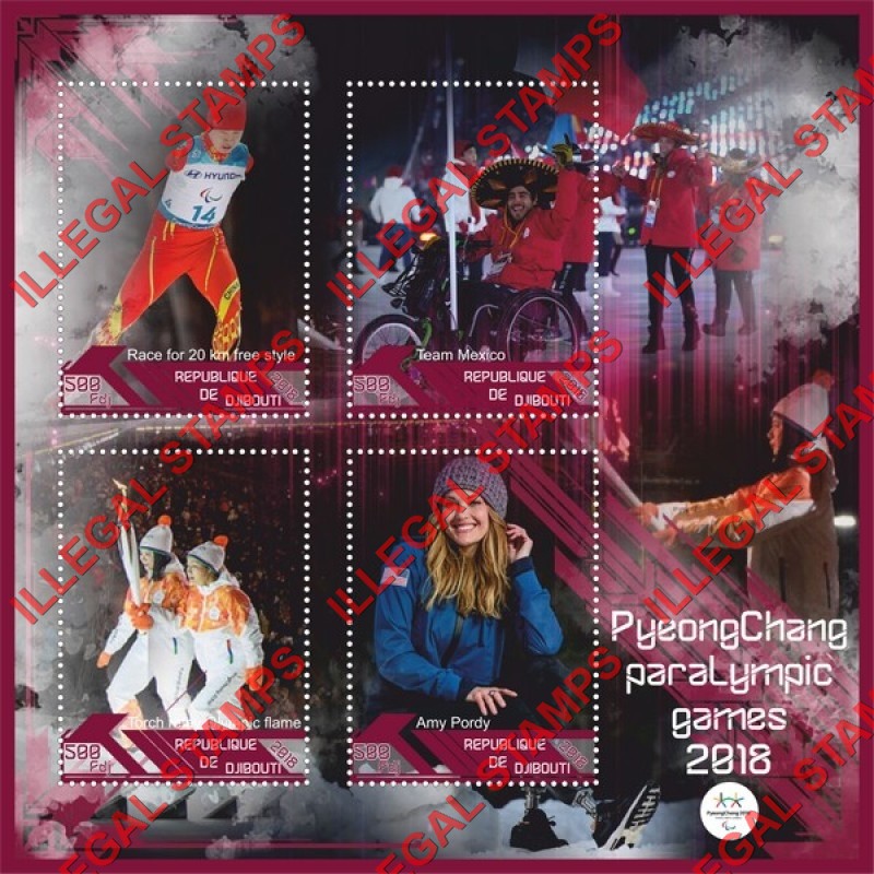 Djibouti 2018 Paralympic Games in PyeongChang Illegal Stamp Souvenir Sheet of 4 Djibouti 2018 Paralympic Games in PyeongChang Illegal Stamp Souvenir Sheet of 4