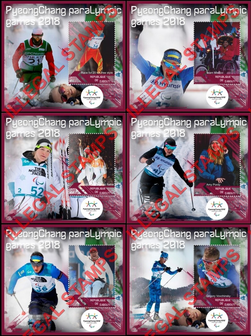 Djibouti 2018 Paralympic Games in PyeongChang Illegal Stamp Souvenir Sheets of 1 Djibouti 2018 Paralympic Games in PyeongChang Illegal Stamp Souvenir Sheets of 1