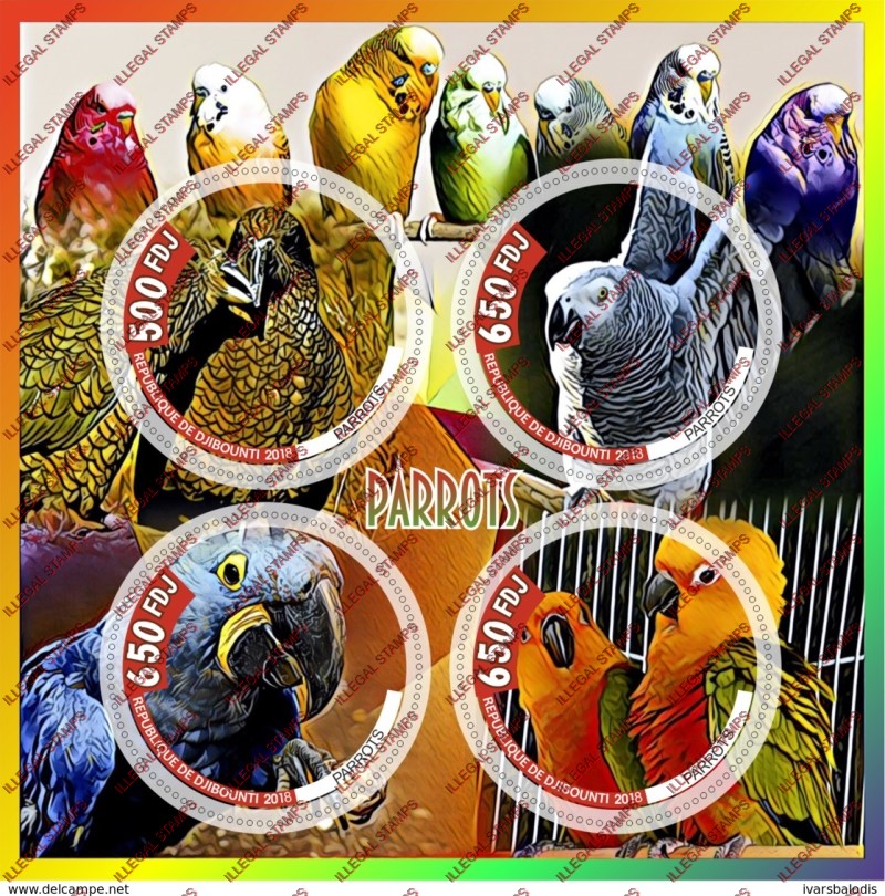 Djibouti 2018 Parrots Illegal Stamp Souvenir Sheet of 4 Djibouti 2018 Parrots Illegal Stamp Souvenir Sheet of 4