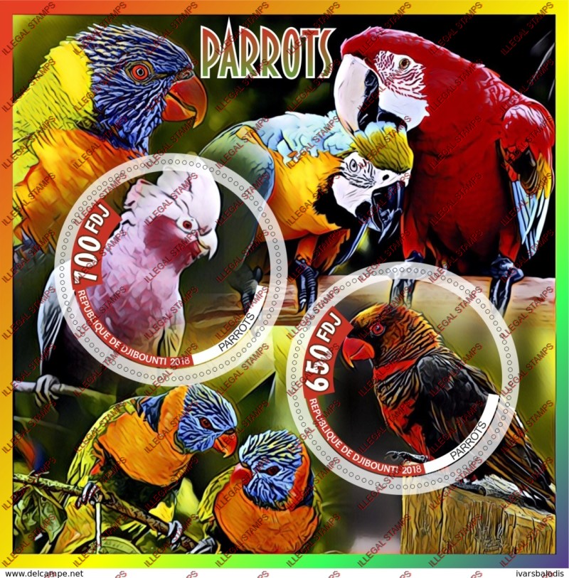 Djibouti 2018 Parrots Illegal Stamp Souvenir Sheet of 2 Djibouti 2018 Parrots Illegal Stamp Souvenir Sheet of 2