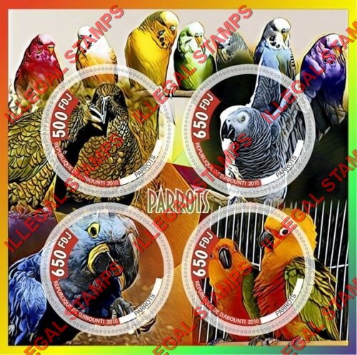 Djibouti 2018 Parrots Illegal Stamp Souvenir Sheet of 4 Djibouti 2018 Parrots Illegal Stamp Souvenir Sheet of 4
