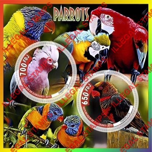 Djibouti 2018 Parrots Illegal Stamp Souvenir Sheet of 2 Djibouti 2018 Parrots Illegal Stamp Souvenir Sheet of 2