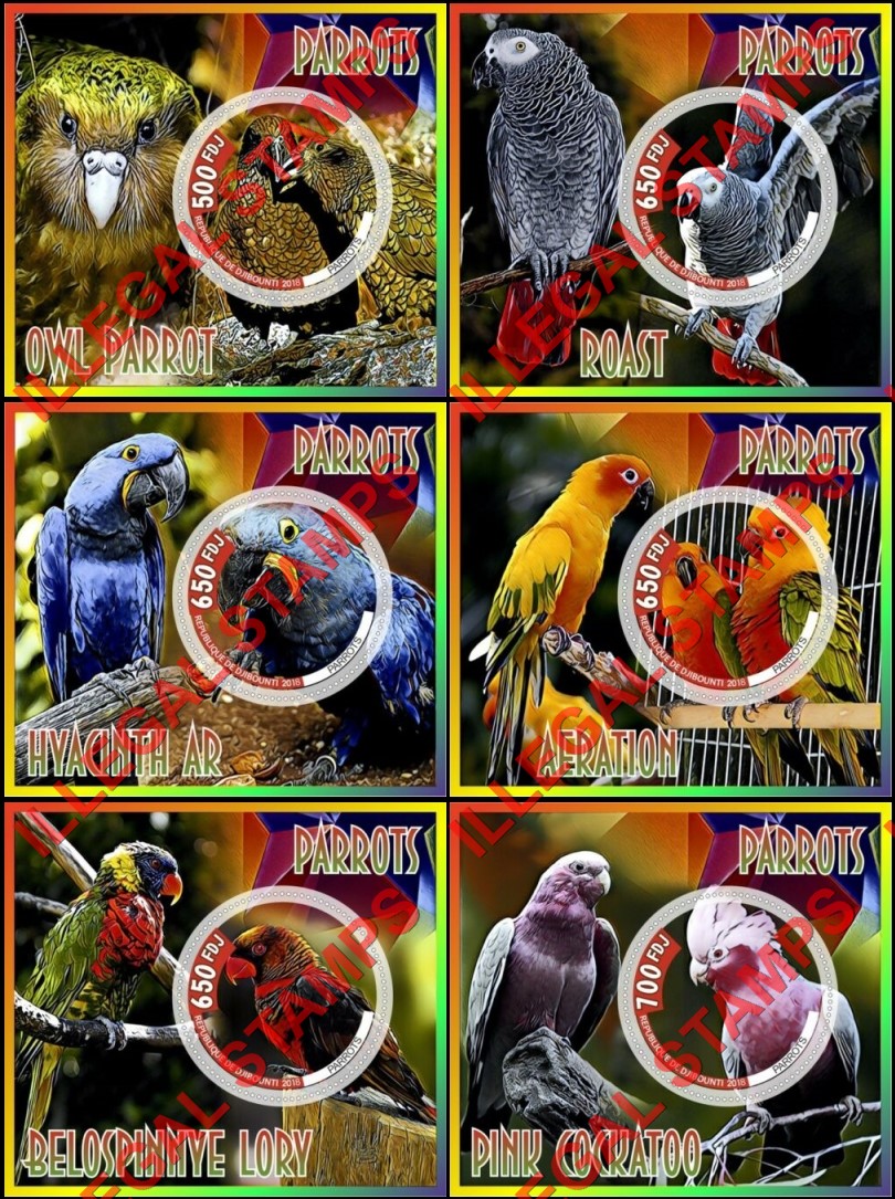 Djibouti 2018 Parrots Illegal Stamp Souvenir Sheets of 1 Djibouti 2018 Parrots Illegal Stamp Souvenir Sheets of 1