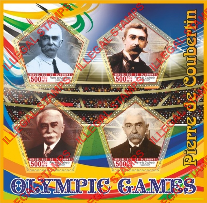 Djibouti 2018 Pierre de Coubertin Olympic Games Illegal Stamp Souvenir Sheet of 4 Djibouti 2018 Pierre de Coubertin Olympic Games Illegal Stamp Souvenir Sheet of 4
