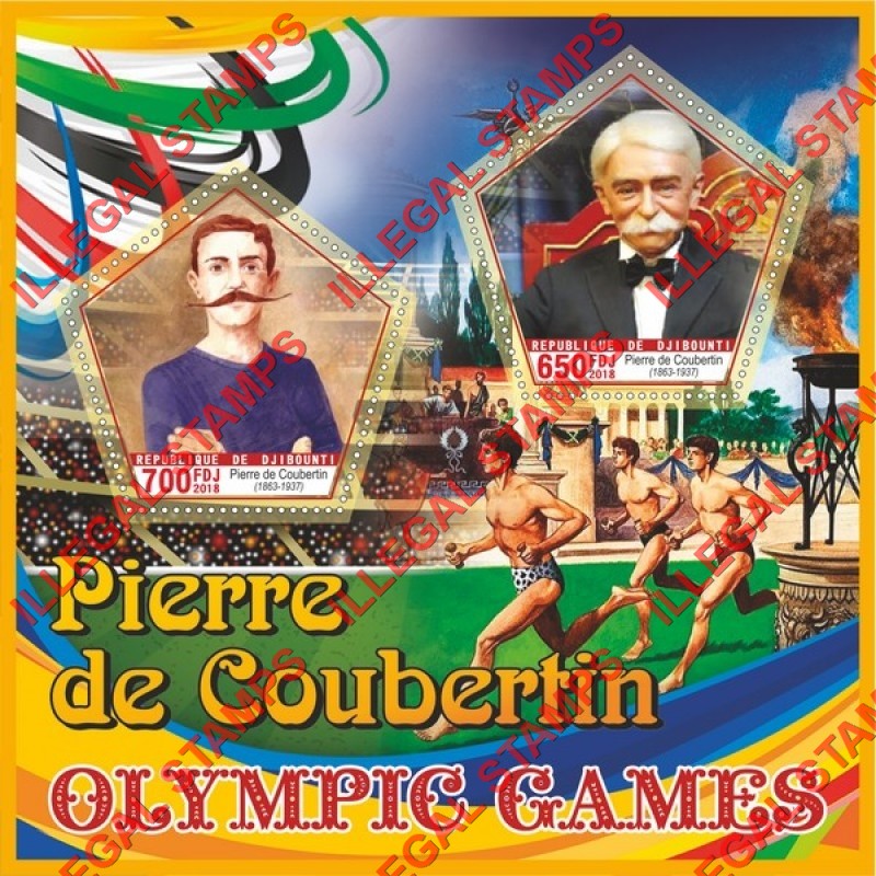 Djibouti 2018 Pierre de Coubertin Olympic Games Illegal Stamp Souvenir Sheet of 2 Djibouti 2018 Pierre de Coubertin Olympic Games Illegal Stamp Souvenir Sheet of 2
