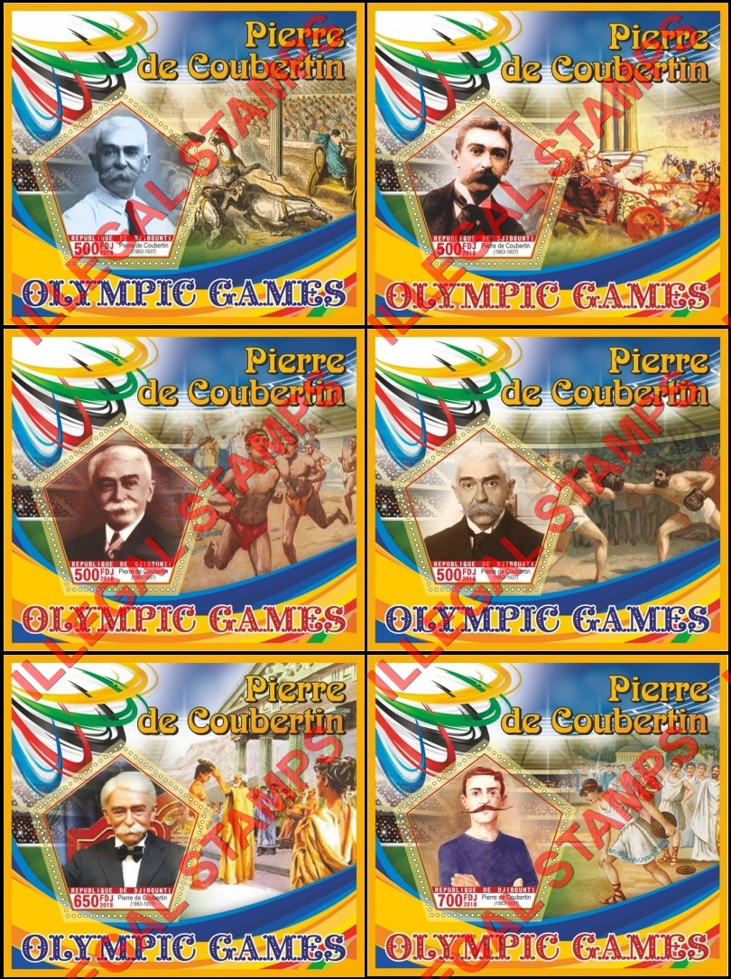 Djibouti 2018 Pierre de Coubertin Olympic Games Illegal Stamp Souvenir Sheets of 1 Djibouti 2018 Pierre de Coubertin Olympic Games Illegal Stamp Souvenir Sheets of 1