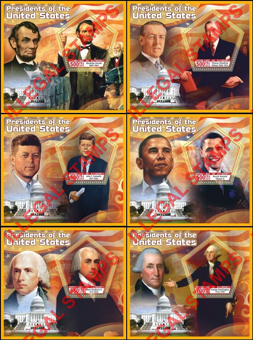 Djibouti 2018 Presidents of the United States Illegal Stamp Souvenir Sheets of 1 Djibouti 2018 Presidents of the United States Illegal Stamp Souvenir Sheets of 1