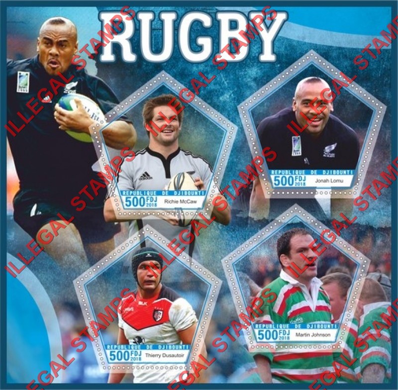 Djibouti 2018 Rugby Players Illegal Stamp Souvenir Sheet of 4 Djibouti 2018 Rugby Players Illegal Stamp Souvenir Sheet of 4