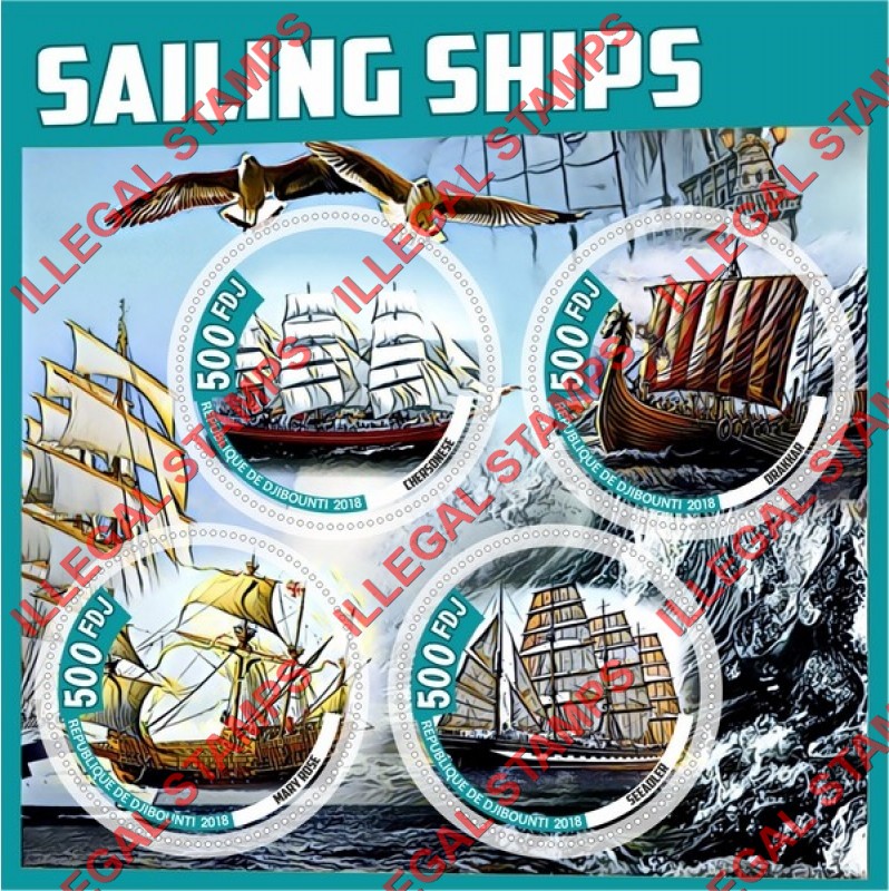 Djibouti 2018 Sailing Ships Illegal Stamp Souvenir Sheet of 4 Djibouti 2018 Sailing Ships Illegal Stamp Souvenir Sheet of 4