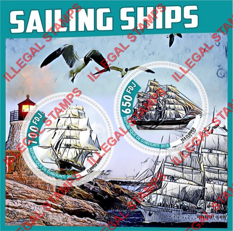 Djibouti 2018 Sailing Ships Illegal Stamp Souvenir Sheet of 2 Djibouti 2018 Sailing Ships Illegal Stamp Souvenir Sheet of 2