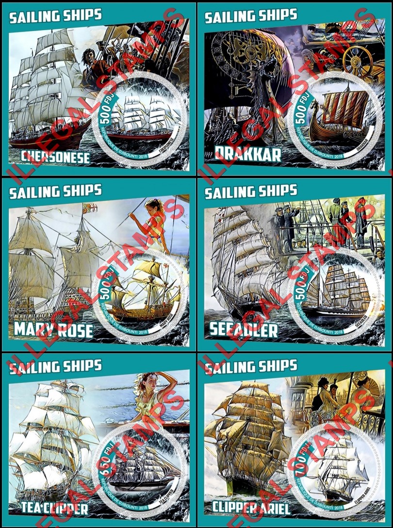 Djibouti 2018 Sailing Ships Illegal Stamp Souvenir Sheets of 1 Djibouti 2018 Sailing Ships Illegal Stamp Souvenir Sheets of 1