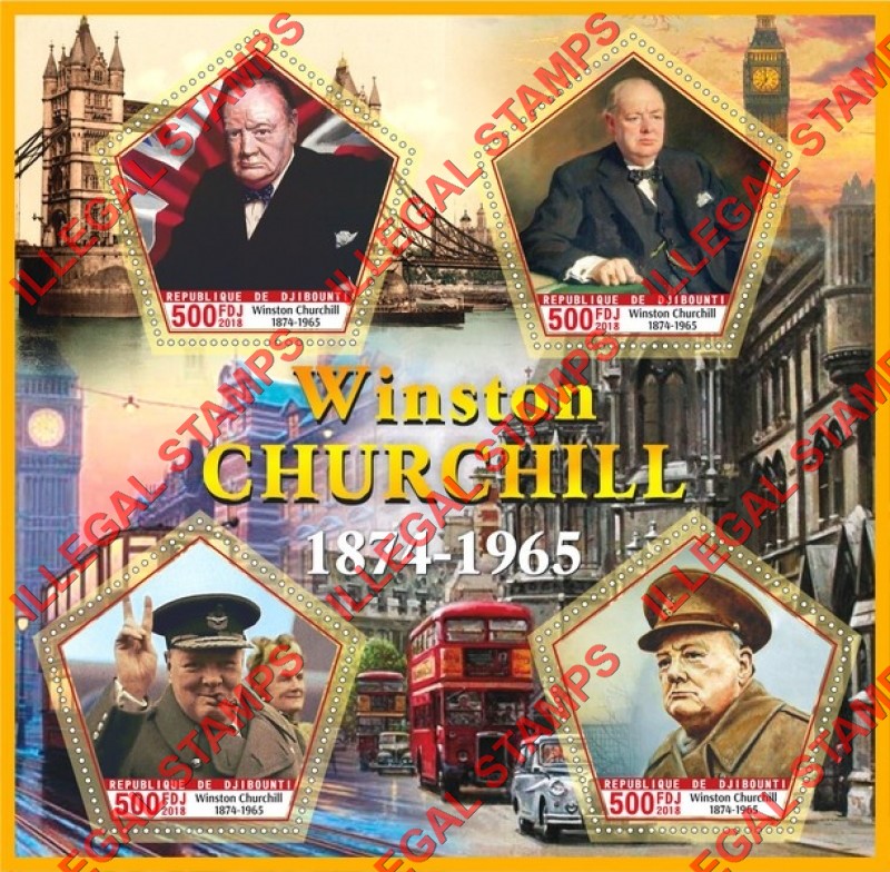 Djibouti 2018 Winston Churchill Illegal Stamp Souvenir Sheet of 4 Djibouti 2018 Winston Churchill Illegal Stamp Souvenir Sheet of 4