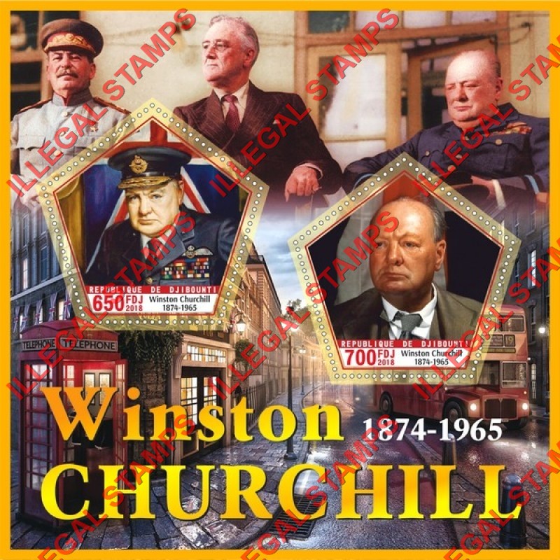Djibouti 2018 Winston Churchill Illegal Stamp Souvenir Sheet of 2 Djibouti 2018 Winston Churchill Illegal Stamp Souvenir Sheet of 2