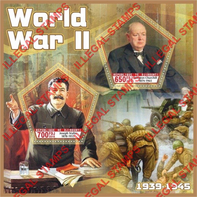 Djibouti 2018 World War II Illegal Stamp Souvenir Sheet of 2 Djibouti 2018 World War II Illegal Stamp Souvenir Sheet of 2