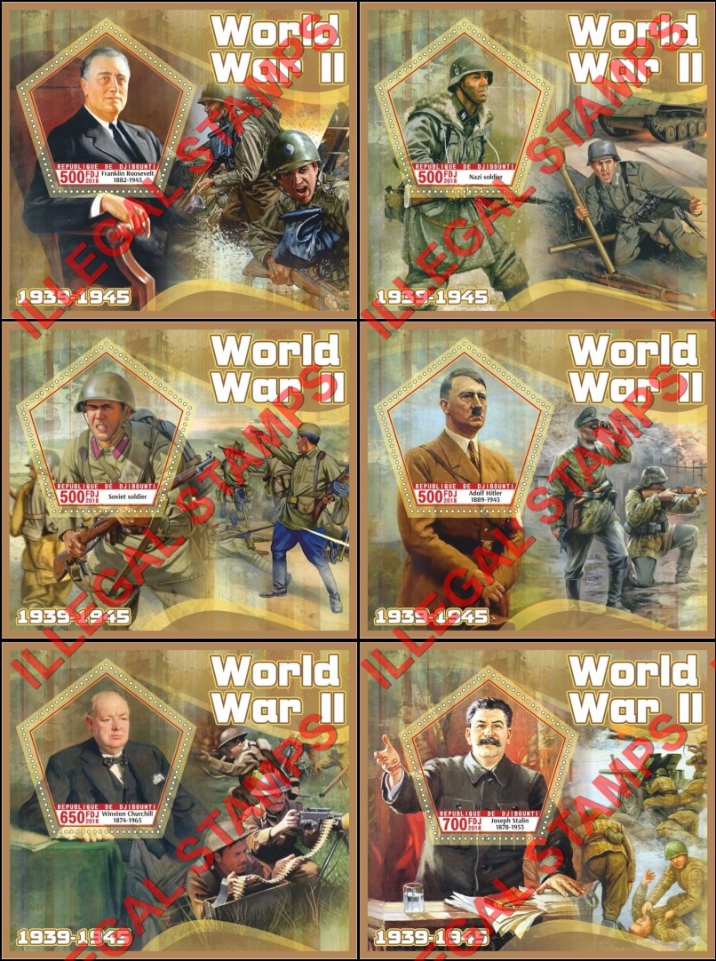 Djibouti 2018 World War II Illegal Stamp Souvenir Sheets of 1 Djibouti 2018 World War II Illegal Stamp Souvenir Sheets of 1