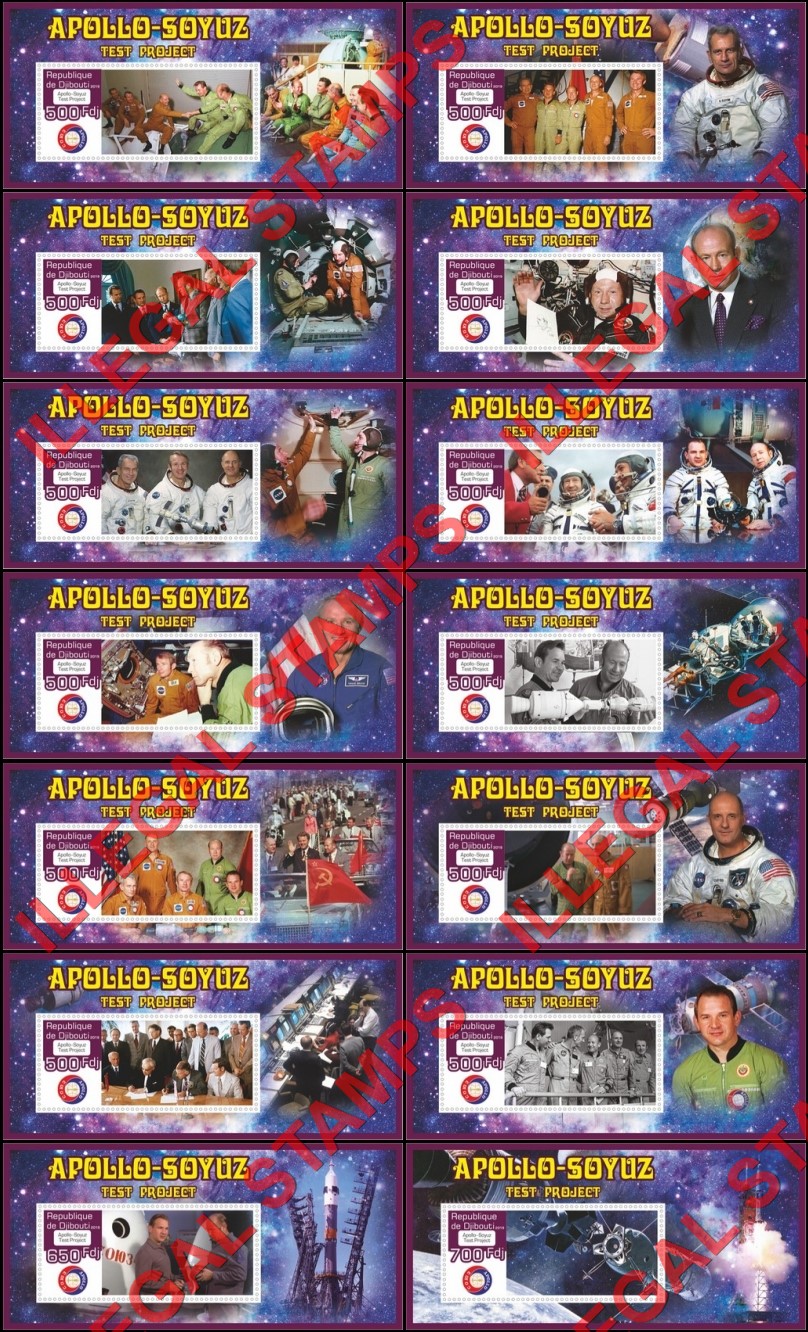 Djibouti 2019 Apollo Soyuz Test Project (Different b) Illegal Stamp Souvenir Sheets of 1 Djibouti 2019 Apollo Soyuz Test Project (Different b) Illegal Stamp Souvenir Sheets of 1