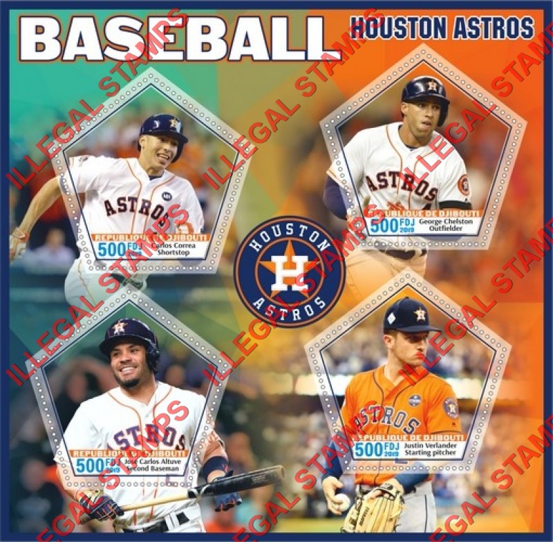 Djibouti 2019 Baseball Players Houston Astros Illegal Stamp Souvenir Sheet of 4 Djibouti 2019 Baseball Players Houston Astros Illegal Stamp Souvenir Sheet of 4