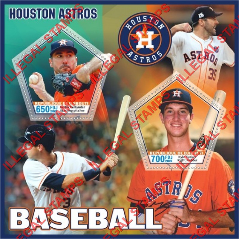 Djibouti 2019 Baseball Players Houston Astros Illegal Stamp Souvenir Sheet of 2 Djibouti 2019 Baseball Players Houston Astros Illegal Stamp Souvenir Sheet of 2