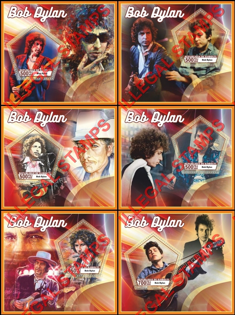 Djibouti 2019 Bob Dylan Illegal Stamp Souvenir Sheets of 1 Djibouti 2019 Bob Dylan Illegal Stamp Souvenir Sheets of 1