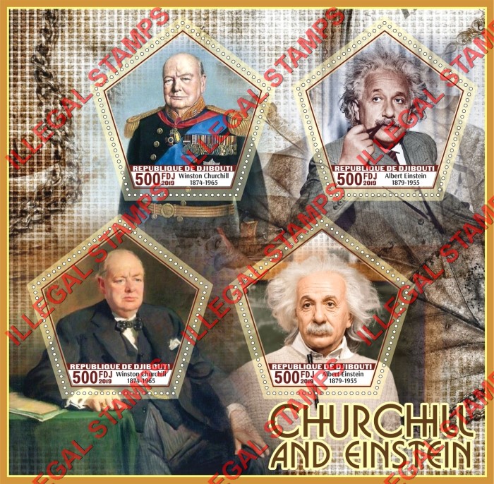 Djibouti 2019 Winston Churchill and Albert Einstein Illegal Stamp Souvenir Sheet of 4 Djibouti 2019 Winston Churchill and Albert Einstein Illegal Stamp Souvenir Sheet of 4